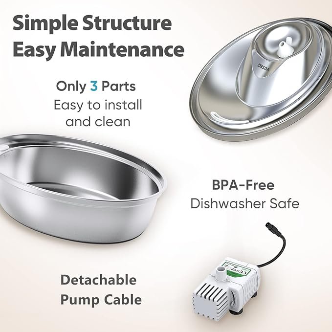 3 ORSDA Cat Water Fountain Stainless Steel, 2L Pet Fountain for Cats Inside, Dog Water Dispenser, Automatic Cat Drinking Fountains with 6 Replacement Filters & 1 Silicone Mat for Cats, Small Dogs