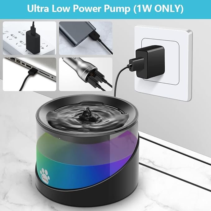 3 Kastty Super Quiet Water Fountain for Cats Inside, Pet Water Fountain for Kitty, Cat Waterer, Dog Bowl Dispenser 2.2L/74oz,with Super Long Life Span Pump, Black+Colorful LED Light