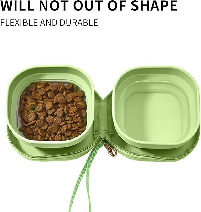5 Petseek Travel Twin Pet Bowls for Cats or Dogs, Collapsible Silicone Bowls for Food and Water Feeding, Foldable Zip Up Oxford Cloth Carry Case with Carabiner Clip, Portable Hiking Cat Bowl