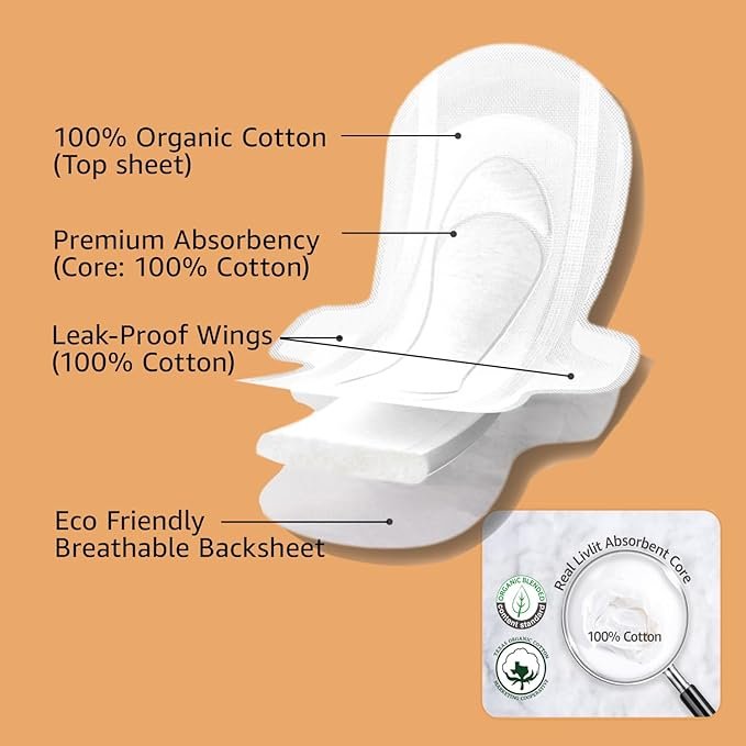2 Large Size Ultra Thin Sanitary Pads, 100% Organic Cotton from Texas, Powerful Leak Protection, Unscented, Chlorine Free and Absorbency of Feminine Periods, Pads for Women (32 Count)
