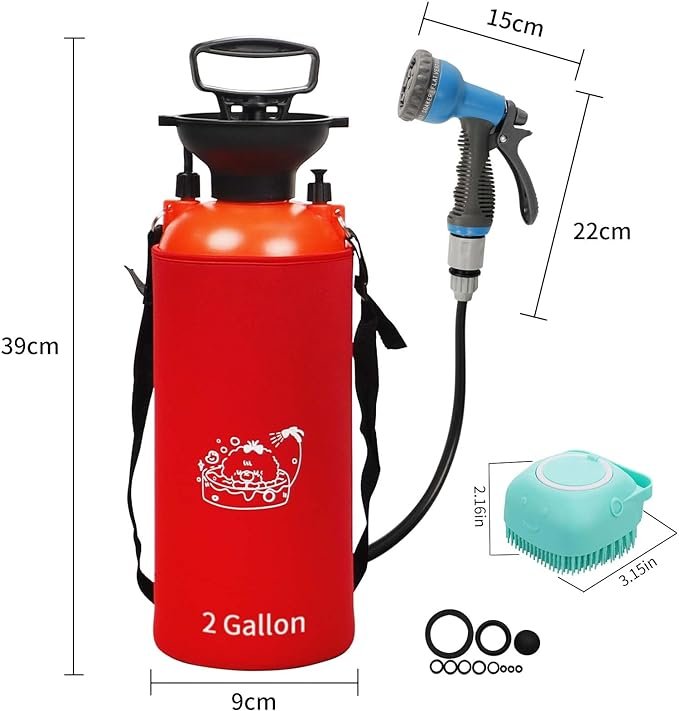 3 Portable Shower Kit with Handheld Showerhead, Bath Massage Brush, and Insulated Bag.