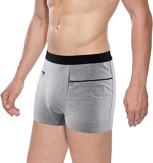 1 2 Packs Men's Boxer Briefs Secret Hidden Pocket, Travel Underwear with Secret Front Stash Pocket Panties (Gray)