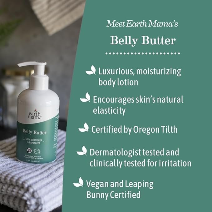 4 Earth Mama Belly Butter, Maternity Moisturizer for Dry Skin | Lotion for Pregnancy and Postpartum Recovery Self Care, Body Cream with Aloe, Fragrance Free, 8-Fluid Ounce