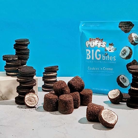 2 Stuffed Puffs Big Bites - Cookies n Crème Coated Marshmallows 3 Pack, Chocolate Cookie Coated Marshmallow Filled with Crème Filled Cookies, Perfect for Snacking, Smores, Dessert, 3 Bags (6.5oz each)