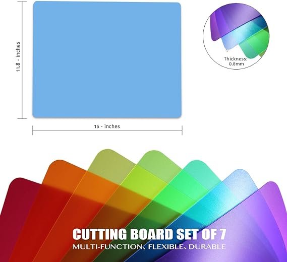 2 Fotouzy Plastic Cutting Boards for Kitchen, Flexible Cutting Mats Set of 7, Cutting Board Mats, BPA-Free, Non-Porous, Dishwasher Safe, 7 Translucent Colors