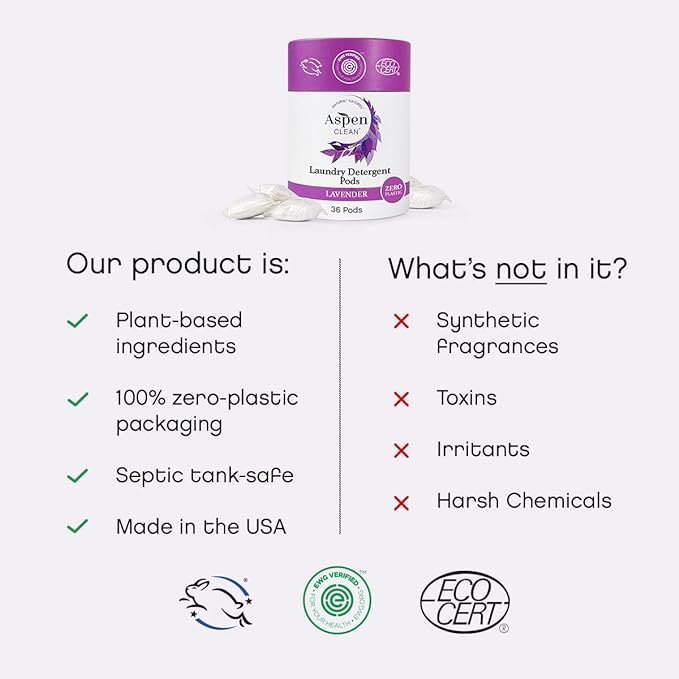 2 Lavender Laundry Pods by AspenClean, New and Improved Packaging, Zero Plastic, EWG Verified™, Vegan, Hypoallergenic Natural Laundry Detergent - 36 Count