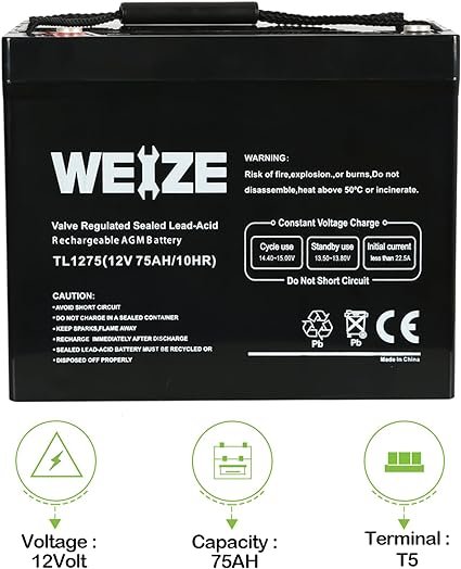 2 Weize 12V 75AH Extended Durability Battery for Wayne ESP25 WSS30V Backup Sump Pump, Trolling Motor, Solar System, Mobility Wheelchair, General Applications