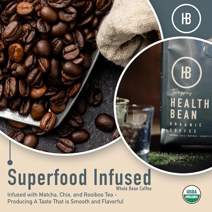 5 Healthy Bean Coffee - Organic Low Acid Coffee Beans, Superfood Infused Whole Bean Coffee, Clean & Healthy Coffee - USDA Organic Mold Free Coffee Beans, Mycotoxin Free Coffee - Semi-Dark Roast, 10oz