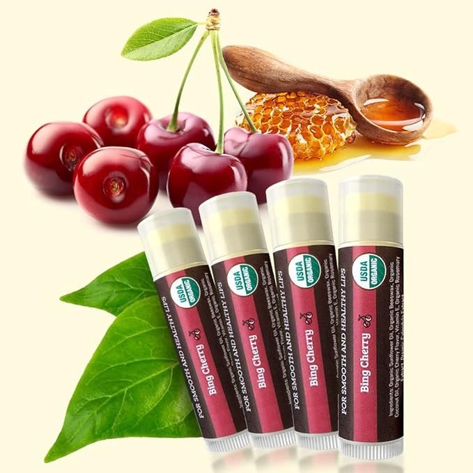 2 USDA Organic Lip Balm 4-Pack by Earth's Daughter - Cherry Flavor, Beeswax, Coconut Oil, Vitamin E - Best Lip Repair Chapstick for Dry Cracked Lips.