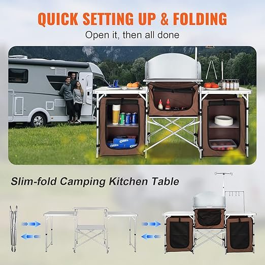 3 VBENLEM Camping Kitchen Table, Aluminum Portable Folding Camp Cook Table with Windshield, 3 Cupboard, Storage Organizer, Quick Installation for Outdoor Picnic Beach Party Cooking, Brown
