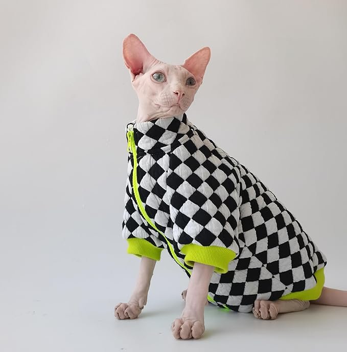 1 Hairless Cat Clothes Pet Winter Clothes for Cats Sphynx Hairless Cat Warm Coat Apparel for Cats Pet Onesies Checkered Cotton Jacket for Cats Kitten (X-Large, Set1)