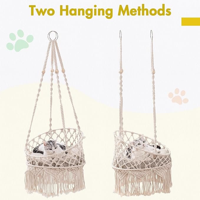 2 MEWOOFUN Macrame Cat Hammock, Hanging Cat Bed Hammock Cat Swing for Indoor Cats, Boho Cat Swing Bed for Sleeping, Playing, Climbing, and Lounging (Beige)