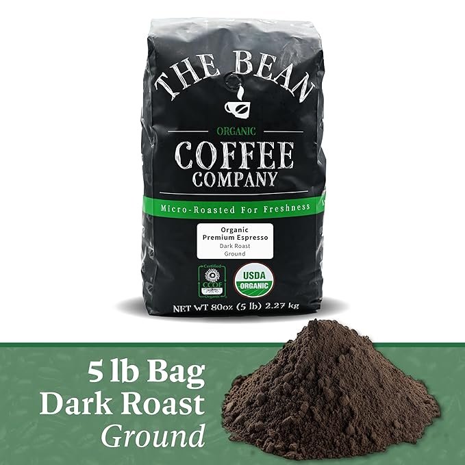 1 The Bean Organic Coffee Company Premium Espresso, Dark Roast, Ground Coffee, 5-Pound Bag, Café molido tostado orgánico