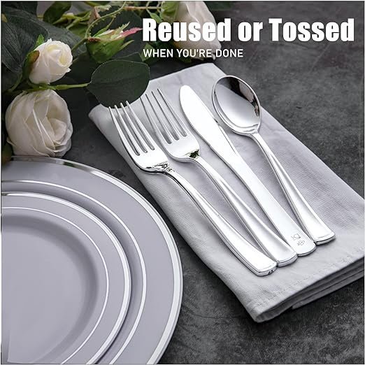 4 WDF 160 Pieces Plastic Silverware - Silver Plastic Silverware - Plastic Silverware Heavy Duty - 80 Forks 40 Knives 40 Spoons - Disposable Silver Plastic Cutlery Perfect for Wedding/Party/Christmas
