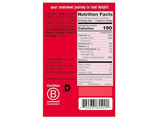 1 Lake Champlain Chocolates, Dark Chocolate Squares Og, 0.4 Ounce, 106 Pack