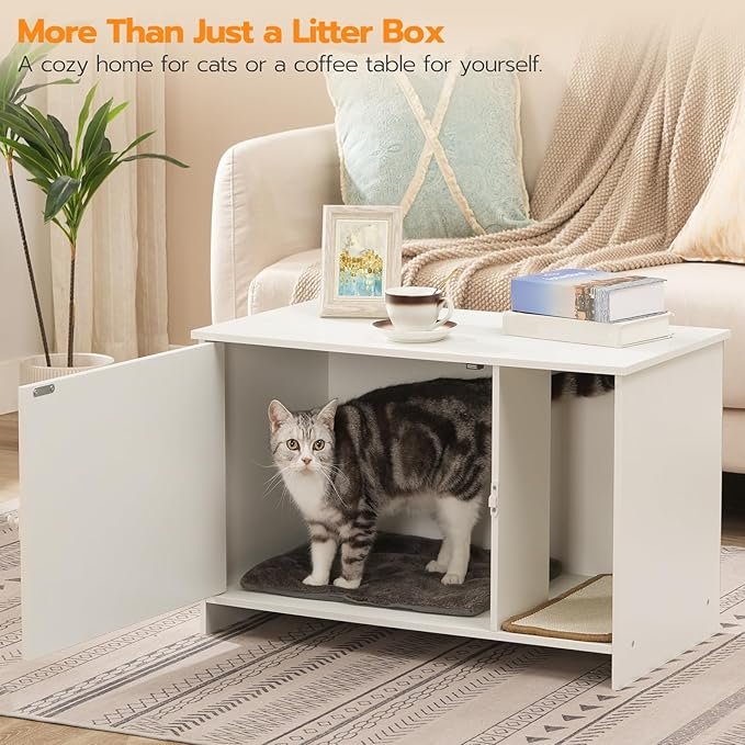 1 HOOBRO Cat Litter Box Enclosure with Rattan Door, Hidden Litter Box Furniture, Large Litter Box Enclosure with Adhesive Cat Scratching Mat, Coffee Table, 31.5" L x 17.7" W x 18.1" H, White WY18MW01