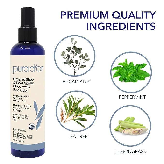 2 PURA D'OR Organic Shoe & Foot Odor Eliminator Spray (8oz) Deodorizes & Removes Bad Smells with Eucalyptus, Peppermint, Tea Tree, Lemongrass Essential Oil, Maximum Strength (Packaging may vary)