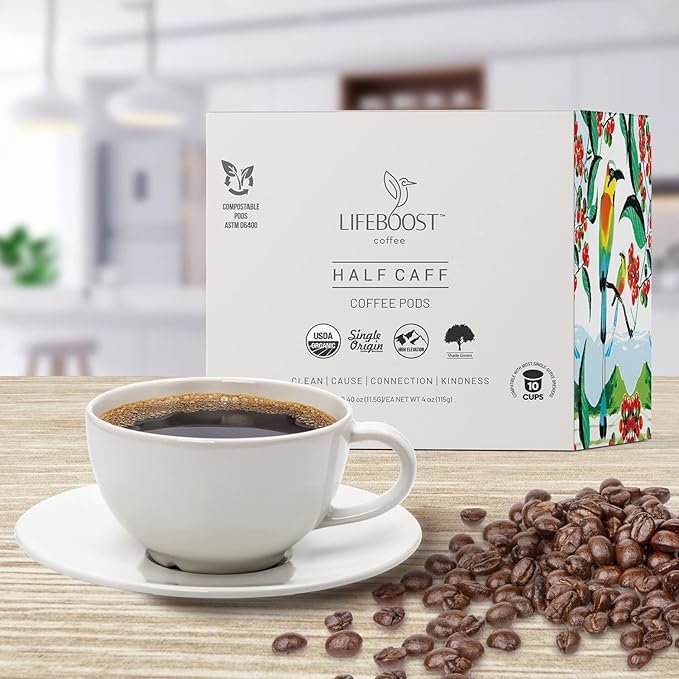 2 Lifeboost Coffee Half Caff Coffee K Cups - Low Acid Half Caff Coffee Pods - Single Origin Non-GMO Mold Free Pods for Keurig & Keurig 2 - No Mycotoxins or Pesticides - 10 Count
