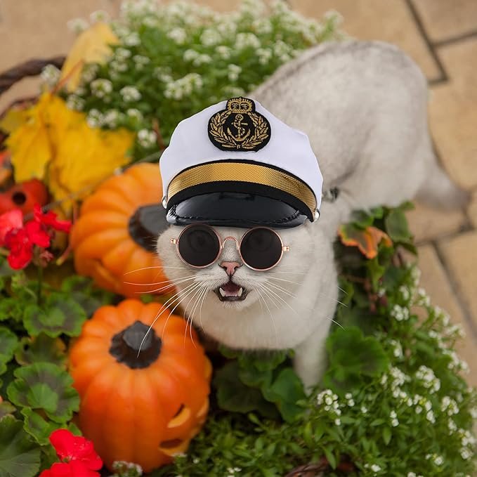 1 5 Pieces Halloween Cat Sailor Costume Set Dog Captain Hat Sailor Hat Cat Captain Navy Sailor Suit Small Pet Sunglasses Cravat Neck Tie for Cat Puppy Photo Props Costume Party Accessories