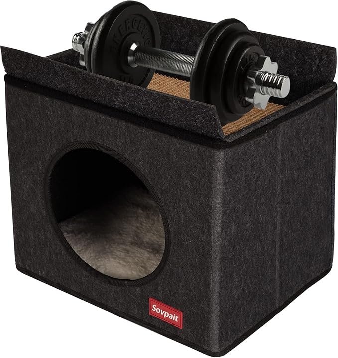 3 SOVPAIT Heated cat House with Multi-Functio Heating Pet Pad,Heated Cat Bed with Wool Felt Shell Box and Sisal Cat Scratch Mats,Soft Washable Fleece Cover -15L*11W*14H inch Black Grey