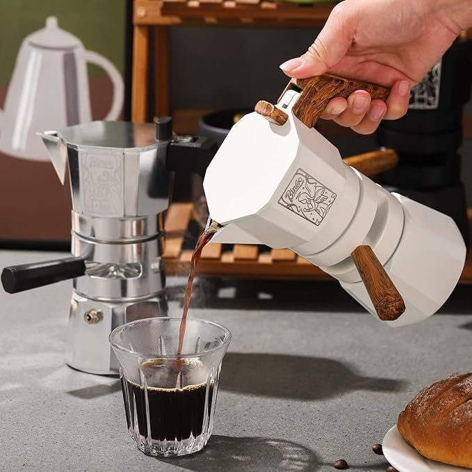 2 Bincoo 120ML/2 Cups Stovetop Espresso Maker - Double Valve Moka Pot with Thermostat Extractor, Prevents over-extraction - Italian Espresso Moka Pot with Powder Dispenser and Filter Paper for Home (White)