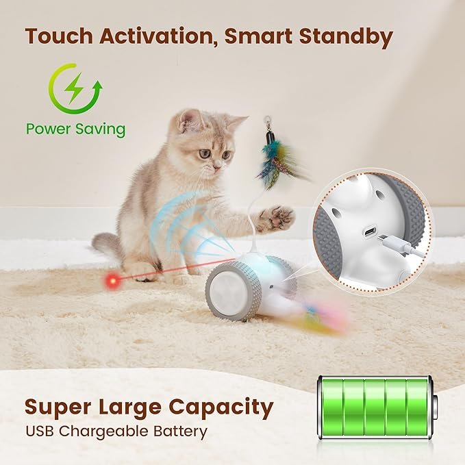 4 Potaroma Cat Laser Toys Interactive 3in1, Rechargeable, Automatic Moving Wheels, 2 Feathers, Indoor Kitten Exercise Kicker Toys, Assorted Colors Feathers for All Breeds