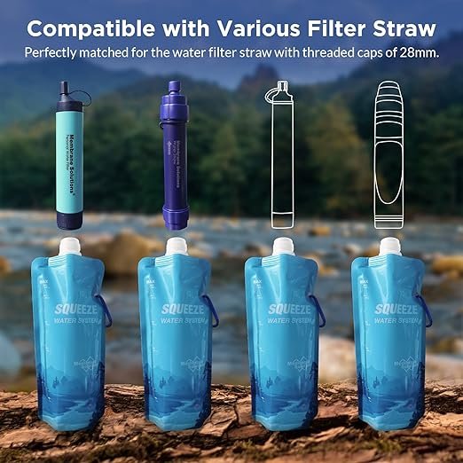 1 MS 23oz Foldable Water Bottle for Filter Straw, Reusable Pouch with Carabiner and Measurement, Portable Water Container for Outdoor Activities - 4 Pack