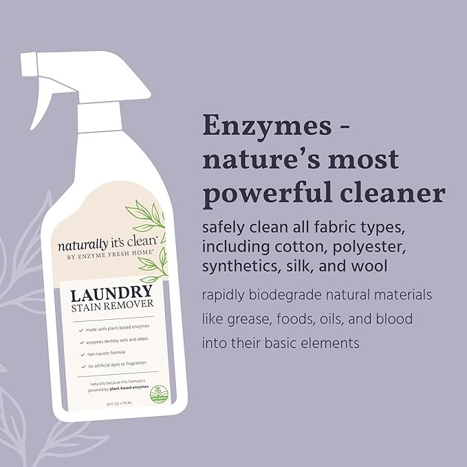 1 naturally It's clean Enzymatic Laundry Stain Remover Spray and Odor Eliminator | Fabric Safe Stain Sprayer Enzyme Cleaner to Remove Coffee, Grease, Makeup, Ink, Wine, Stubborn Stains and Odor | 2 Pack