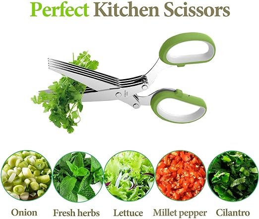 1 Herb Scissors, Kitchen Herb Shears Cutter with 5 Blades and Cover, Sharp Dishwasher Safe Kitchen Gadget - Green