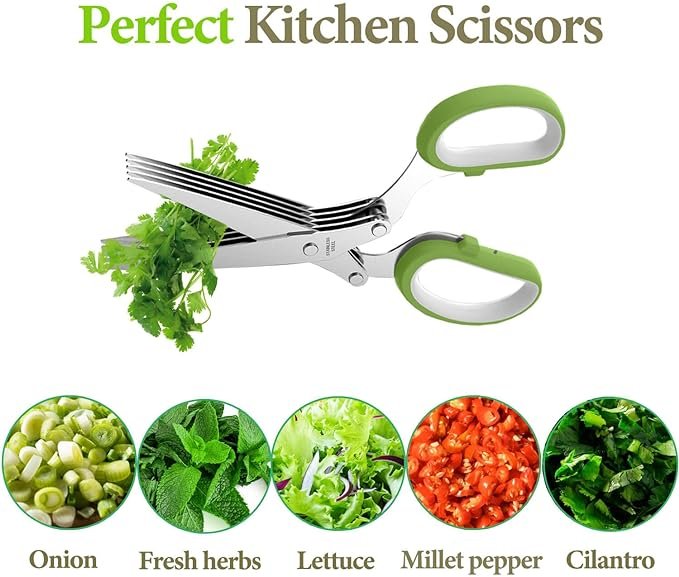 6 Herb Scissors, Kitchen Herb Shears Cutter with 5 Blades and Cover, Sharp Dishwasher Safe Kitchen Gadget - Green