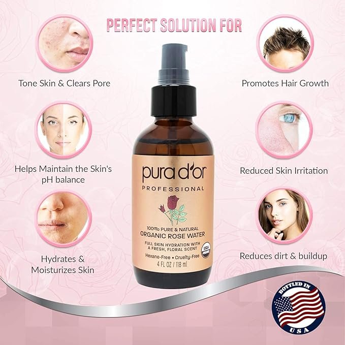 2 PURA D'OR Organic Rose Water Toner (4oz / 118mL) Eau Fraiche, 100% Pure Full Skin Hydration, Control Excess Oils & Acne - Cleanses & Softens - Promotes Healthy Skin Cell - for All Skin Types