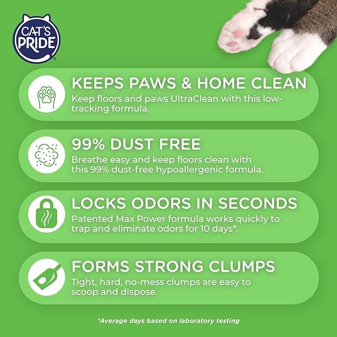 1 Cat's Pride Max Power: UltraClean Low Tracking Multi-Cat Clumping Litter - Keeps Paws & Home Clean - Up to 10 Days of Powerful Odor Control - 99% Dust Free - Unscented, 15 Pounds