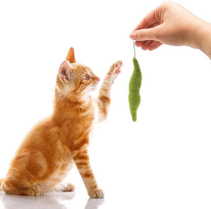 2 Glaciart One Green Beans Cat Toy – 5 Pcs | Soft Fuzzy Enrichment 100% Natural Wool Toy - Interactive Catnip Play Cat Toy Set - Safe for Pets, Non-AZO Colored Dyes