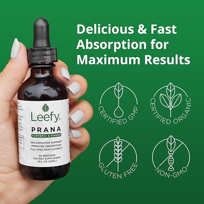 4 Leefy Organics PRANA - The Original Organic Liquid Turmeric Curcumin and Ginger Extract with Black Pepper | Supplement to Support Heart, Brain, Joint Health, Inflammatory Response, Immunity, Drops