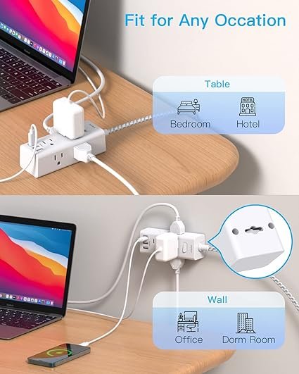 3 Surge Protector with 6 Outlets and 3 USB Ports (1 USB C), Outlet Extender with 5 Ft Cord and Flat Wall Plug, Compact Power Strip for Travel Office Dorm Home