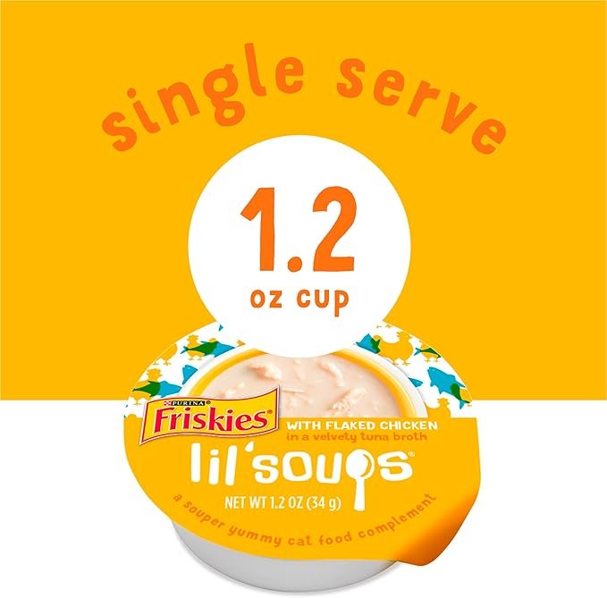 1 Purina Friskies Natural, Grain Free Wet Cat Food Lickable Cat Treats, Lil' Soups Flaked Chicken - (Pack of 8) 1.2 oz. Tubs