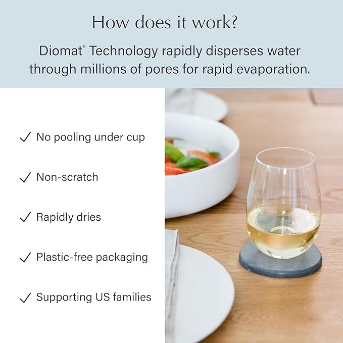 4 DORAI Home Stone Coaster Set - 4 Stone Coasters with Absorbent Diatomaceous Earth for Instant Drying Round Coasters for Drinks Modern Home Decor - Slate Stone