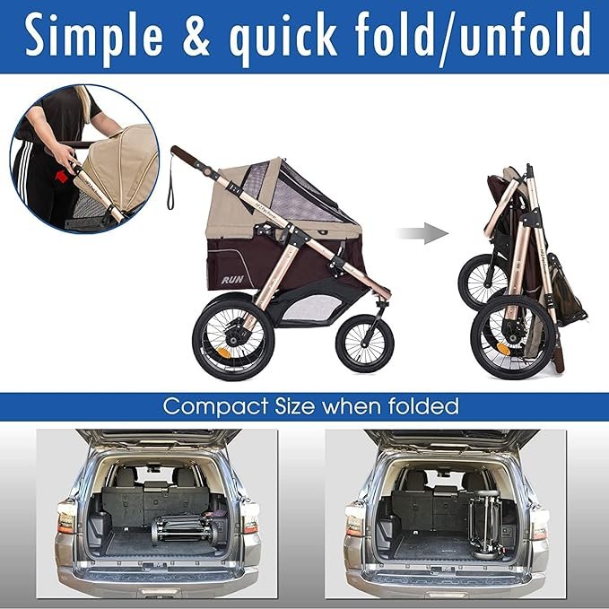 4 HPZ Pet Rover Run Performance Jogging Sports Stroller with Comfort Rubber Wheels/Zipper-Less Entry/1-Hand Quick Fold/Aluminum Frame for Small/Medium Dogs, Cats and Pets (Taupe)