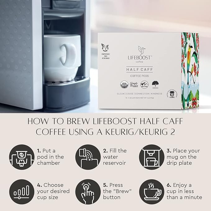 6 Lifeboost Coffee Half Caff Coffee K Cups - Low Acid Half Caff Coffee Pods - Single Origin Non-GMO Mold Free Pods for Keurig & Keurig 2 - No Mycotoxins or Pesticides - 10 Count