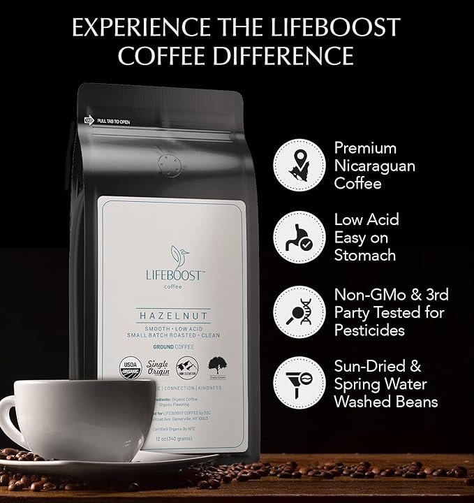 5 Lifeboost Coffee Hazelnut Ground Coffee - Low Acid Single Origin USDA Organic Coffee - Non-GMO Ground Coffee Beans Third Party Tested For Mycotoxins & Pesticides - 12 Ounces