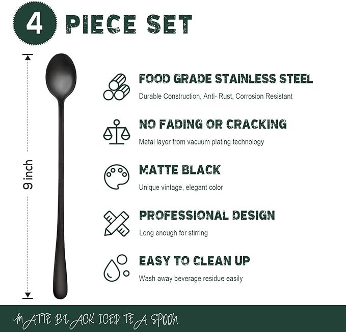 1 Hiware Matte Black 9-Inch Long Handle Iced Tea Spoon, Coffee Spoon, Ice Cream Spoon, Stainless Steel Cocktail Stirring Spoons, Set of 4