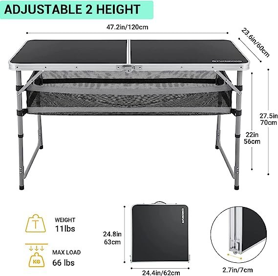1 FOLDANO Camping Table, 4 FT Height Adjustable Lightweight Desk Table with Portable Handle, Aluminum Camp Table with Mesh Storage for Outdoor Picnic BBQ Backyard Beach, Black