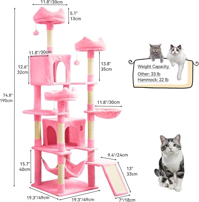 1 YITAHOME Cat Tree Tower for Indoor Cats, 75in Tall Multi-Level Cat Climbing Tower with Cat Condos, Top Perches, Hammock, Sisal Scratching Posts and Board, Kittens Play Activity Center,Pink