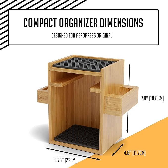 6 HEXNUB – Bamboo Organizer for AeroPress, Compact Coffee Caddy Station Holds AeroPress Coffee Maker, Accessories, Filters, Cups, Stand includes Mats (Black)
