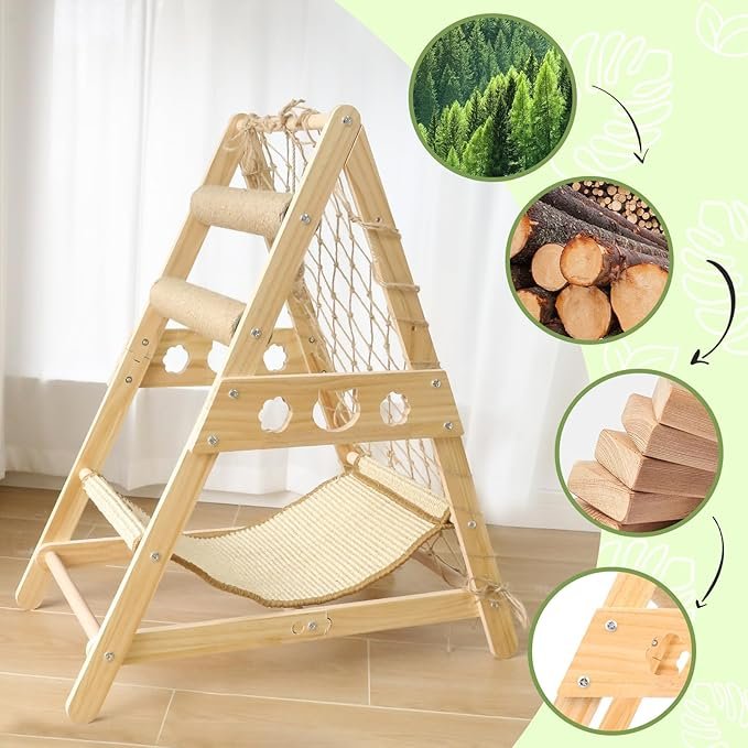 3 Cat Tower for Indoor Cats with Hammock Straching Post Climbing Web and Danging Sisal Ball, Cute Solid Wood Cat Tree