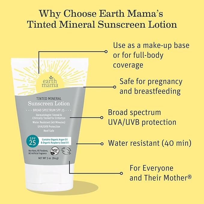 1 Earth Mama Tinted Mineral Sunscreen Lotion SPF 25, Contains Organic Argan and Red Raspberry Seed Oil, 3-Ounces
