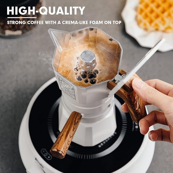 1 Bincoo 120ML/2 Cups Stovetop Espresso Maker - Double Valve Moka Pot with Thermostat Extractor, Prevents over-extraction - Italian Espresso Moka Pot with Powder Dispenser and Filter Paper for Home (White)