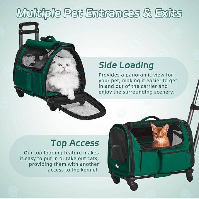 4 Paw Ballet Cat Carrier with Wheels, Foldable Airline Approved Dog Cat Carrier with Wheels for Cat Dog Under 20 lbs, Rolling Cat Carrier Travel Bag with Telescopic Handle for Walking Travel Vet Visits