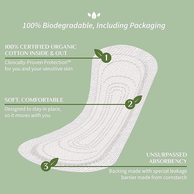 5 Organyc 100% Organic Cotton Light Incontinence Liners for Bladder Leakage Control, FSA/HSA Eligible, Ultra Thin, Light Flow, 24 Count