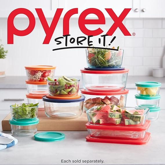 3 Pyrex Glass Food Storage Containers Set - 6-Piece Large Size with Secure Fit Non-Toxic Plastic Lids, Safe for Freezing, Dishwashing, and Microwaving
